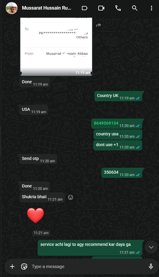 Mussarat Hussain WhatsApp verification